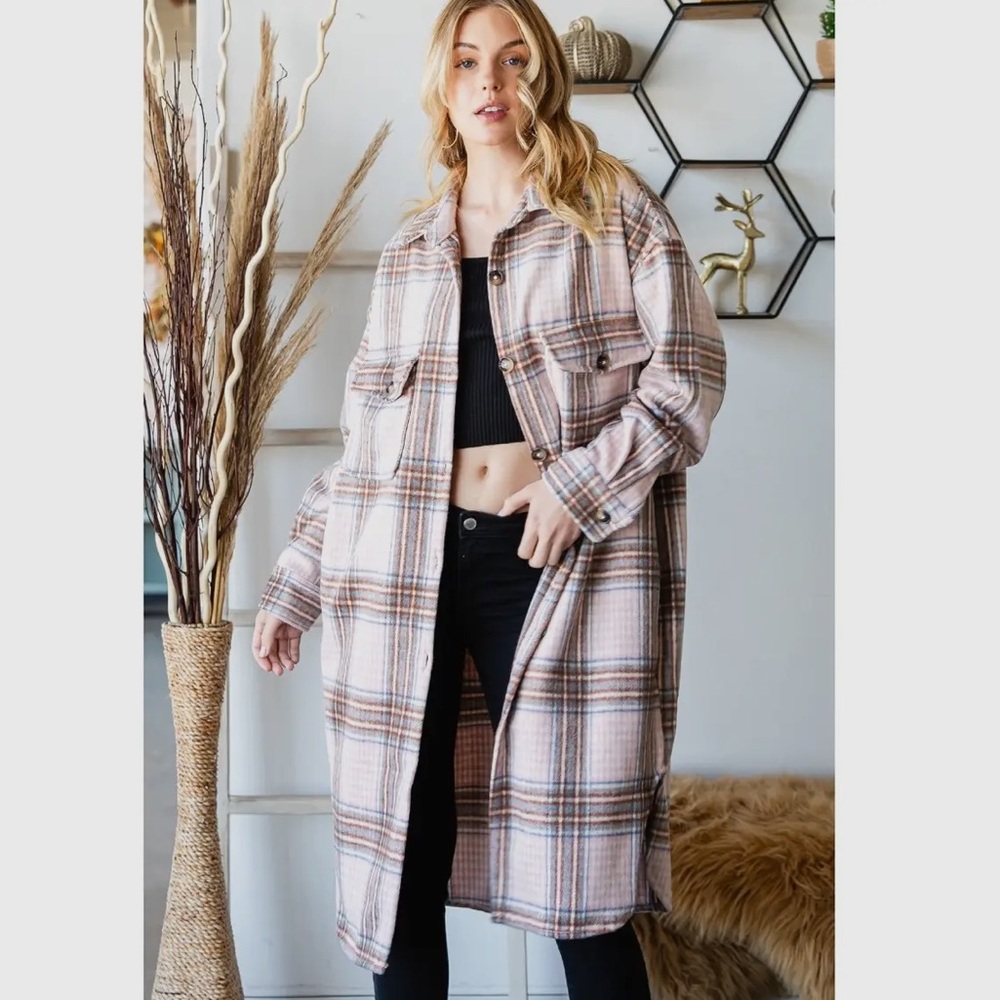 Plaid Long Shacket Jacket - Pink/Beige